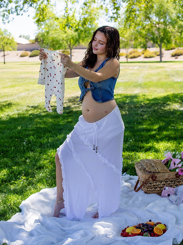Beaumama débardeur jupe grossesse vacances 2 pièces jean nœud papillon volants fendu le côté femme enceinte