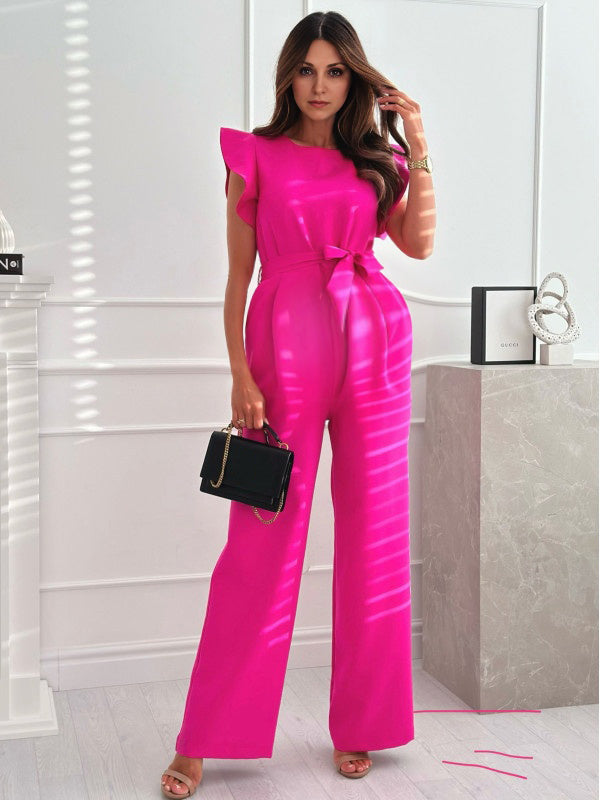 Combinaison grossesse volants ceinture rose framboise
