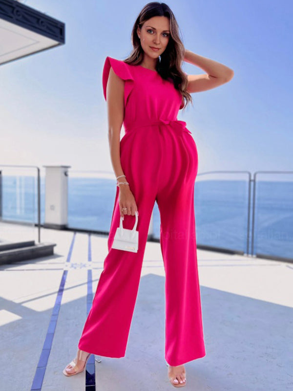 Combinaison grossesse volants ceinture rose framboise