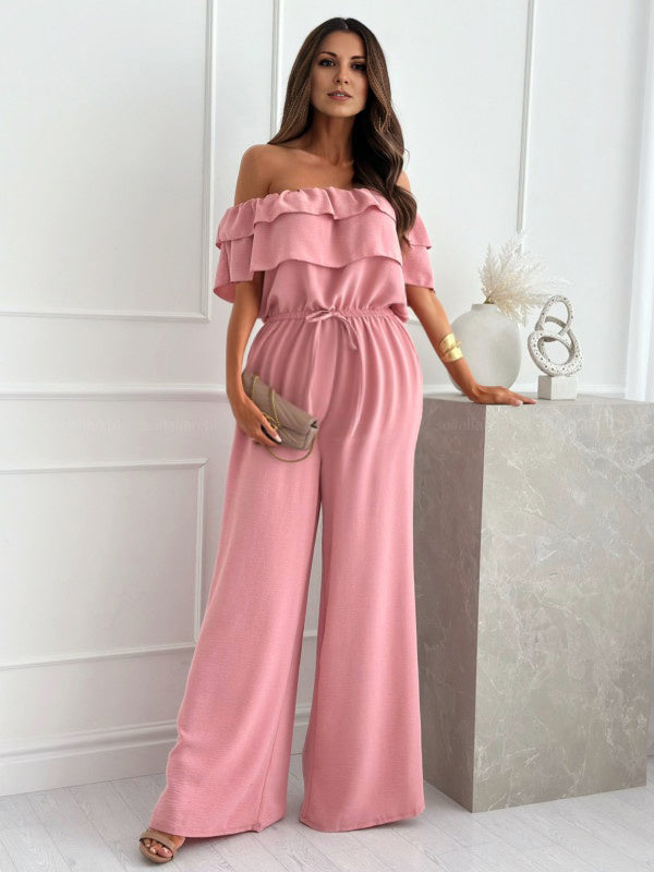 Combinaison grossesse volants coulisse taille épaule dénudée rose