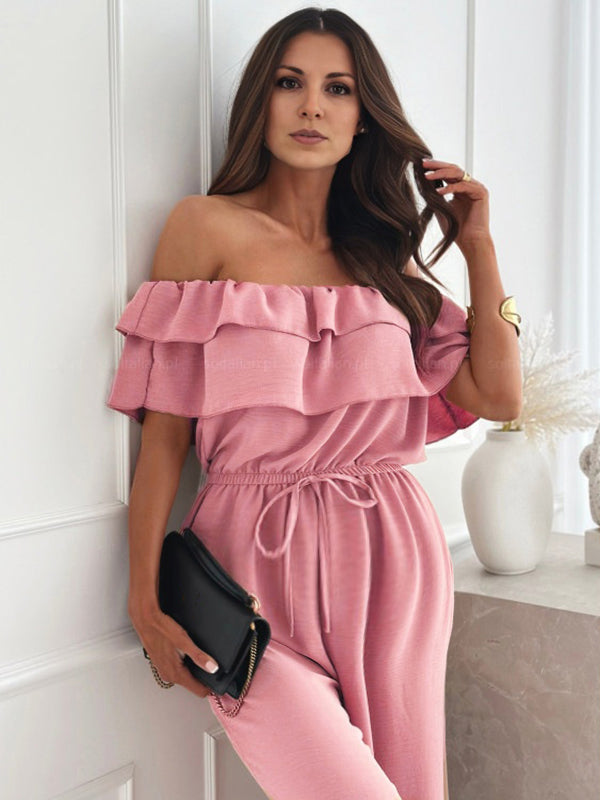 Combinaison grossesse volants coulisse taille épaule dénudée rose