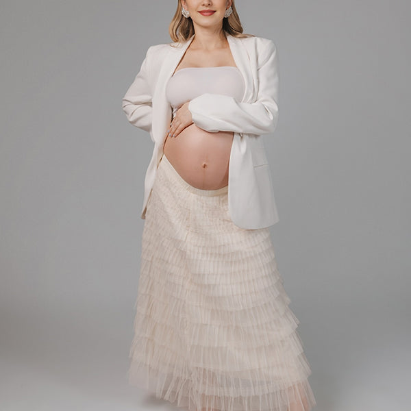 Beaumama robes mi-longue tulle froufrou taille élastique élégant femme enceinte