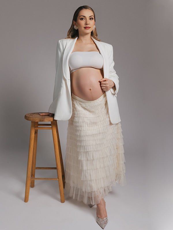 Beaumama robes mi-longue tulle froufrou taille élastique élégant femme enceinte
