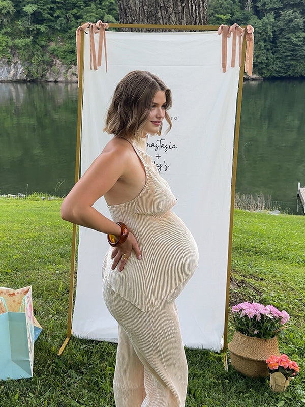Beaumama débardeurs pantalons grossesse chic 2 pièces plissé dos nu irrégulier beige femme enceinte