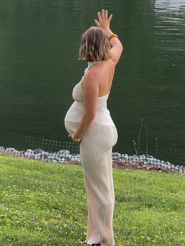 Beaumama débardeurs pantalons grossesse chic 2 pièces plissé dos nu irrégulier beige femme enceinte