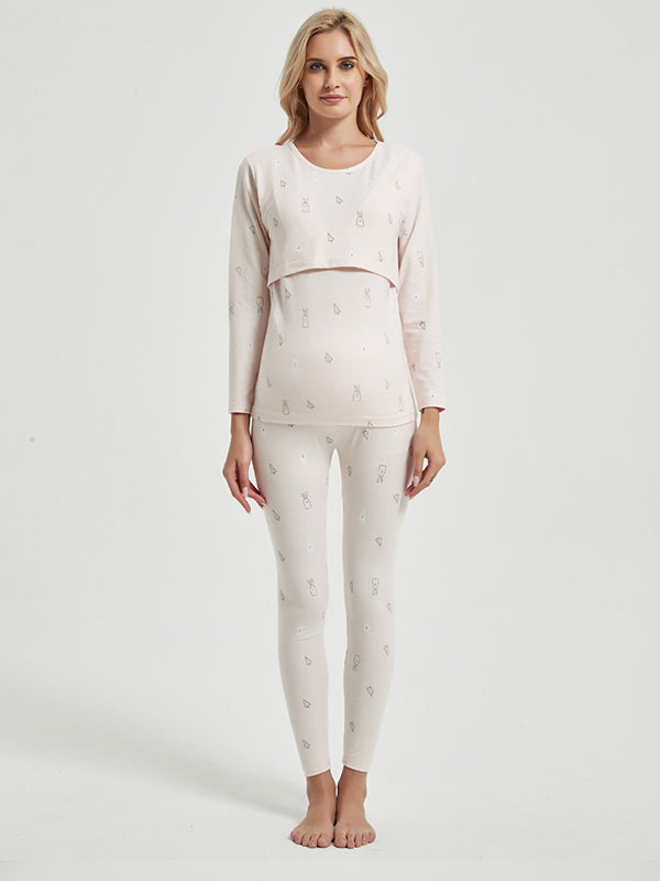 Beaumama ensemble d'allaitement deux pièces grossesse casual confortable lapin coeur épissage t-shirt pantalon femme enceinte