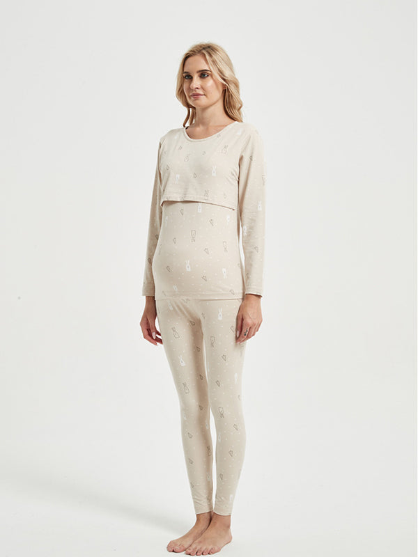 Beaumama ensemble d'allaitement deux pièces grossesse casual confortable lapin coeur épissage t-shirt pantalon femme enceinte