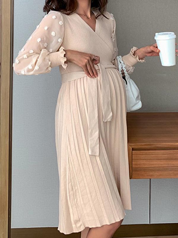 Beaumama robes pulls mi-longue grossesse allaitement pois plissé tulle manches longues femme enceinte