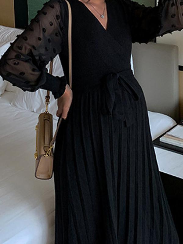Beaumama robes pulls mi-longue grossesse allaitement pois plissé tulle manches longues femme enceinte