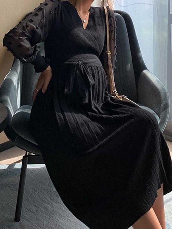 Beaumama robes pulls mi-longue grossesse allaitement pois plissé tulle manches longues femme enceinte