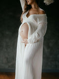 Beaumama robes photo longue grossesse élégant fluide fente avant mélange coton manchon de lanterne femme enceinte