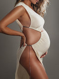 Beaumama robes photo longue grossesse baby shower élégant fendu le côté découpe coulisse taille irrégulier femme enceinte