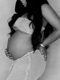 Beaumama robes photo longue grossesse baby shower élégant crochet tricot costume deux pièces dos nu fendu le côté femme enceinte