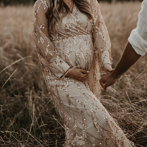 Beaumama robes photo longue grossesse élégant baby shower brillante paillette frange tulle transparent femme enceinte