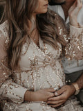 Beaumama robes photo longue grossesse élégant baby shower brillante paillette frange tulle transparent femme enceinte