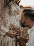 Beaumama robes photo longue grossesse élégant baby shower brillante paillette frange tulle transparent femme enceinte