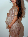 Beaumama robes courte grossesse cocktail élégant brillante paillette frange moulante femme enceinte