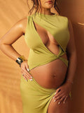 Beaumama robes photo longue grossesse élégant fluide fendu le côté irrégulier découpe plissé  femme enceinte