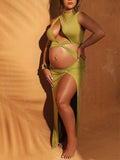 Beaumama robes photo longue grossesse élégant fluide fendu le côté irrégulier découpe plissé  femme enceinte
