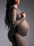 Beaumama robes photo longue grossesse élégant perle brillante fente au dos tulle transparent moulante femme enceinte