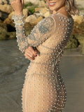 Beaumama robes photo longue grossesse élégant perle brillante fente au dos tulle transparent moulante femme enceinte