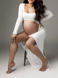 Beaumama robes photo longue grossesse élégant fluide fendu le côté découpe plissé  baby shower femme enceinte