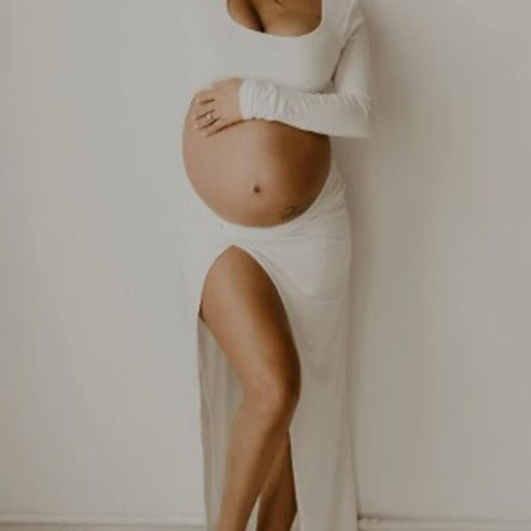 Beaumama robes photo longue grossesse élégant fluide fendu le côté découpe plissé  baby shower femme enceinte