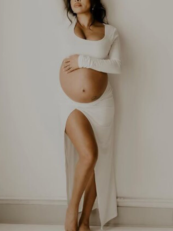 Beaumama robes photo longue grossesse élégant fluide fendu le côté découpe plissé  baby shower femme enceinte
