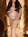Beaumama robes photo longue grossesse élégant strass brillante transparent tulle fente arrière femme enceinte