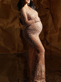 Beaumama robes photo longue grossesse élégant strass brillante transparent tulle fente arrière femme enceinte