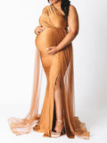 Beaumama robes photo longue grossesse baby shower élégant fendu le côté épaule asymétrique tulle queue femme enceinte