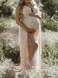 Beaumama robes photo longue grossesse élégant baby shower perle fendu le côté tulle femme enceinte