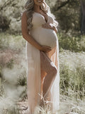 Beaumama robes photo longue grossesse élégant baby shower perle fendu le côté tulle femme enceinte