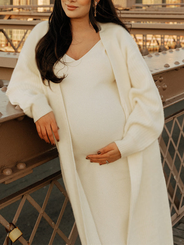 Beaumama robe pulls longue grossesse vacances élégant 2 pièces crochet tricot moulante  femme enceinte