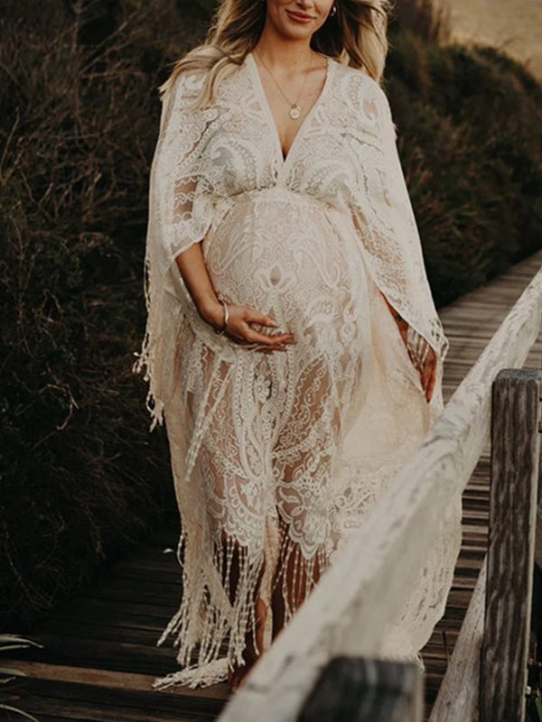 Beaumama shooting robe longue de maternité à manches évasées et transparentes style bohème en dentelle blanche