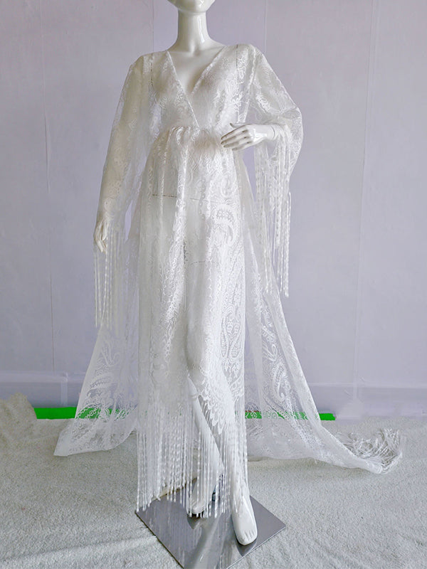 Beaumama shooting robe longue de maternité à manches évasées et transparentes style bohème en dentelle blanche