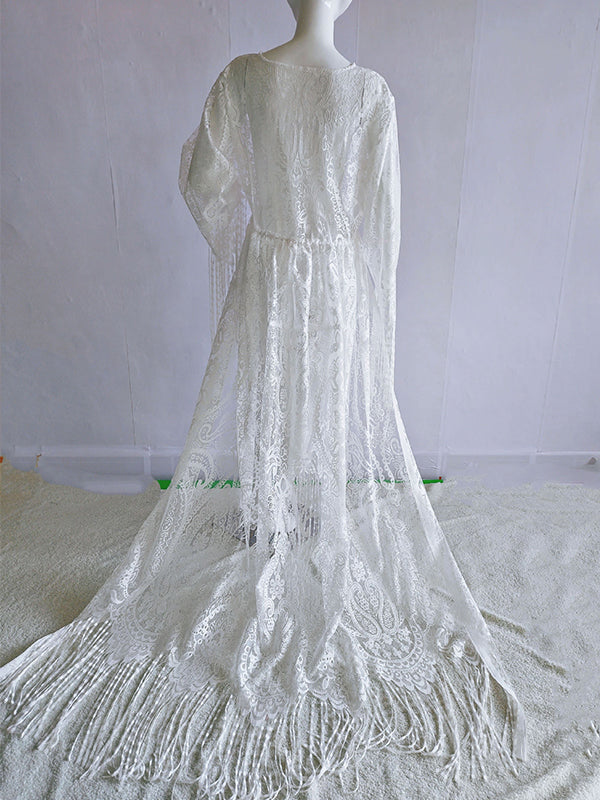 Beaumama shooting robe longue de maternité à manches évasées et transparentes style bohème en dentelle blanche