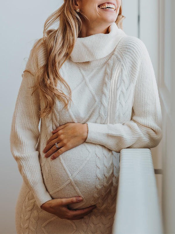 Beaumama robe pulls courte grossesse casual simple rugueux tricot torsadé col roulé femme enceinte