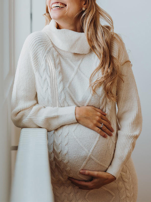 Beaumama robe pulls courte grossesse casual simple rugueux tricot torsadé col roulé femme enceinte