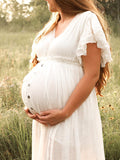 Beaumama robes photo longue grossesse baby shower élégant volants coulisse taille boutonnage dos nu femme enceinte