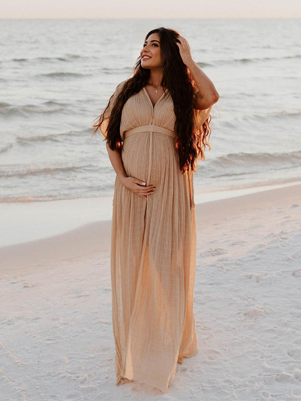 Beaumama robes photo longue grossesse bohème fendu le côté tricot torsadé ceinture dos nu fluide femme enceinte