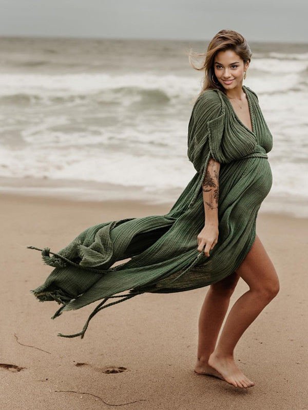 Beaumama robes photo longue grossesse bohème fendu le côté tricot torsadé ceinture dos nu fluide femme enceinte