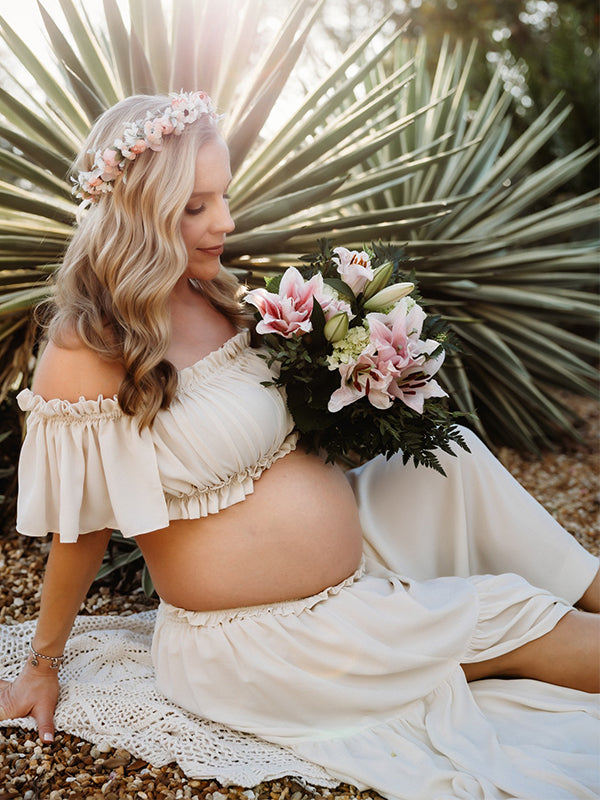 Beaumama robes longue grossesse enceinte shooting costume deux pièces mousseline fendu le côté volants fluide femme enceinte