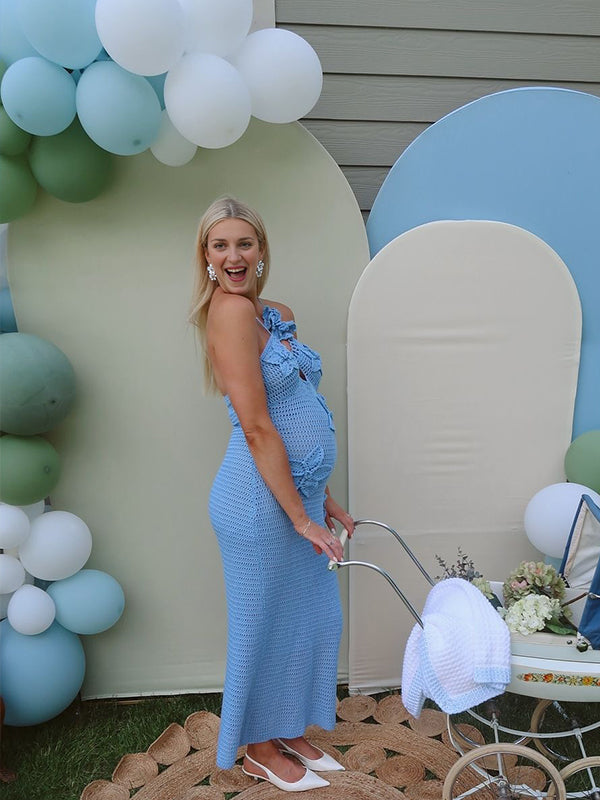 Beaumama robe babyshower longue grossesse vacances chic crochet tricot fleurie dos nu licou femme enceinte