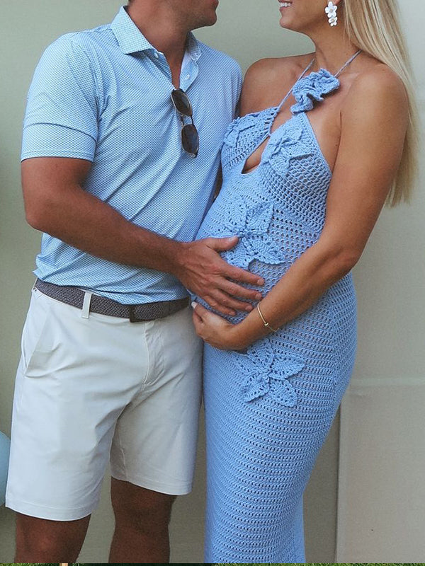 Beaumama robe babyshower longue grossesse vacances chic crochet tricot fleurie dos nu licou femme enceinte
