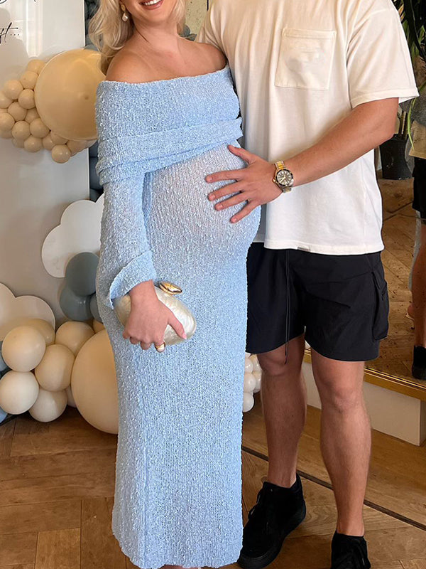 Beaumama robe longue de maternité élégante moulante en tricot bleu à épaules dénudées