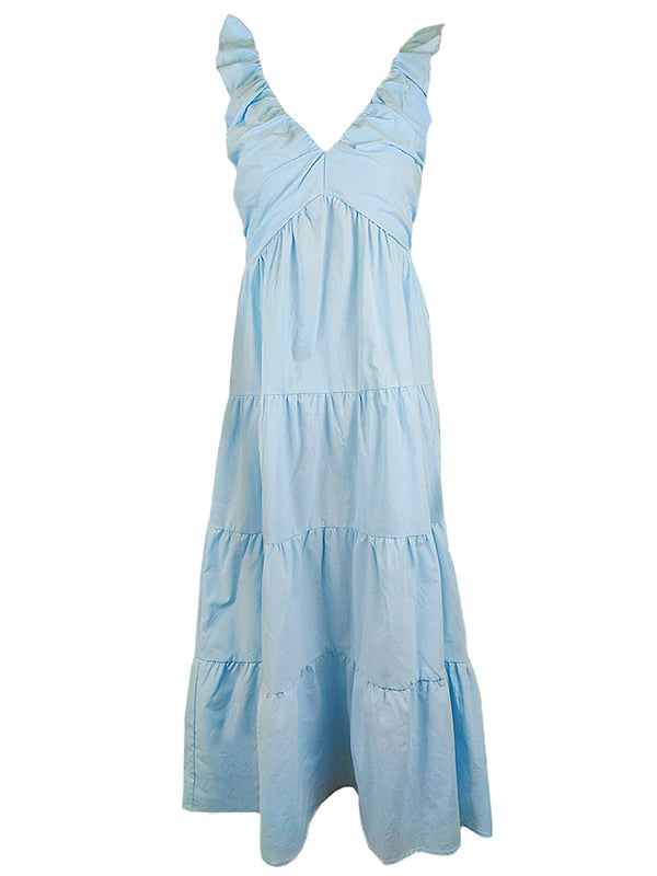 Beaumama Robe longue de maternité dos nu à volants et taille haute avec col en v printemps shooting