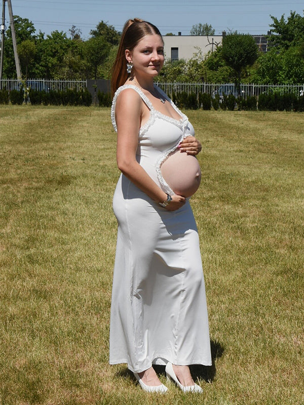 Beaumama robe photo longue grossesse chic découpe ruchés froncées spaghettiträger blanche femme enceinte