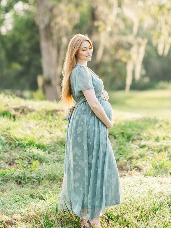Beaumama robe longue de maternité élégante à fleurs bleues pour séance photo demoiselles d'honneur