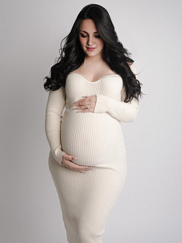 Beaumama robe shooting mi-longue grossesse vacances crochet tricot moulante femme enceinte